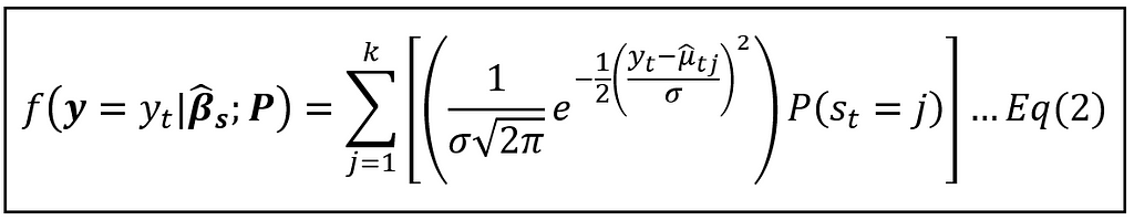 Probability density function conditioned upon β_cap_s and P of y_t operating under the influence of a k-state Markov distributed random variable s_t