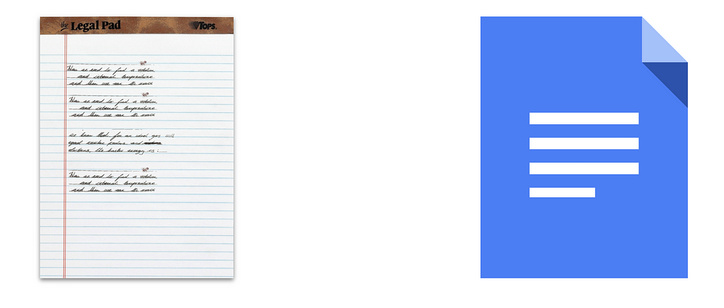 Two icons depicting a note or document. The left icon is visually skeuomorphic, trying to look like a physical notepad. The right icon uses “flat” design and does not attempt to mimic the look of paper or binding.