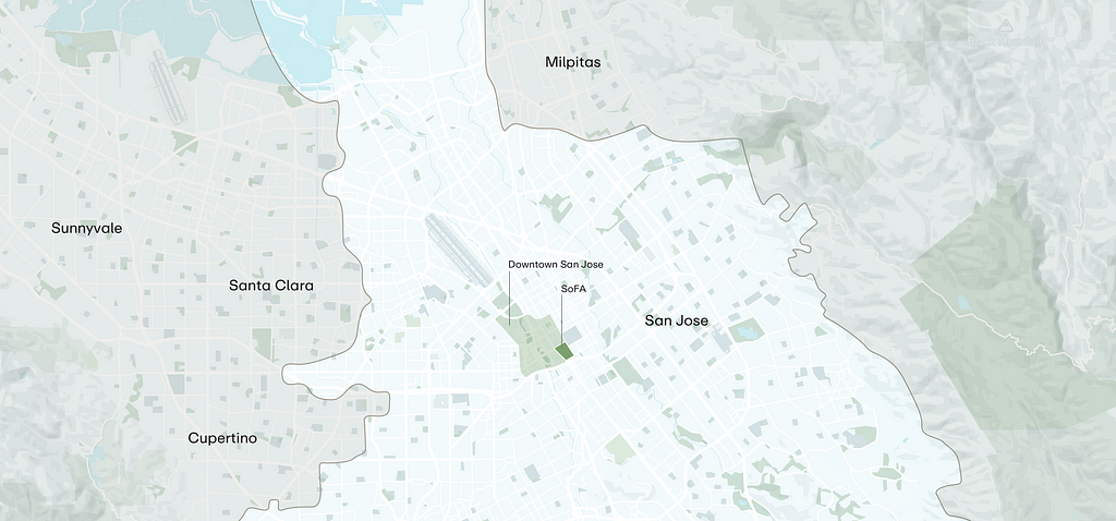 A map of Santa Clara County highlights San Jose’s city borders, downtown, and SoFa district.