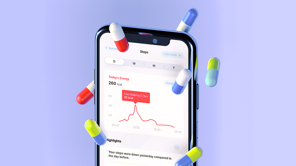 3D illustration of iPhone showing healthcare app surrounded by floating pills