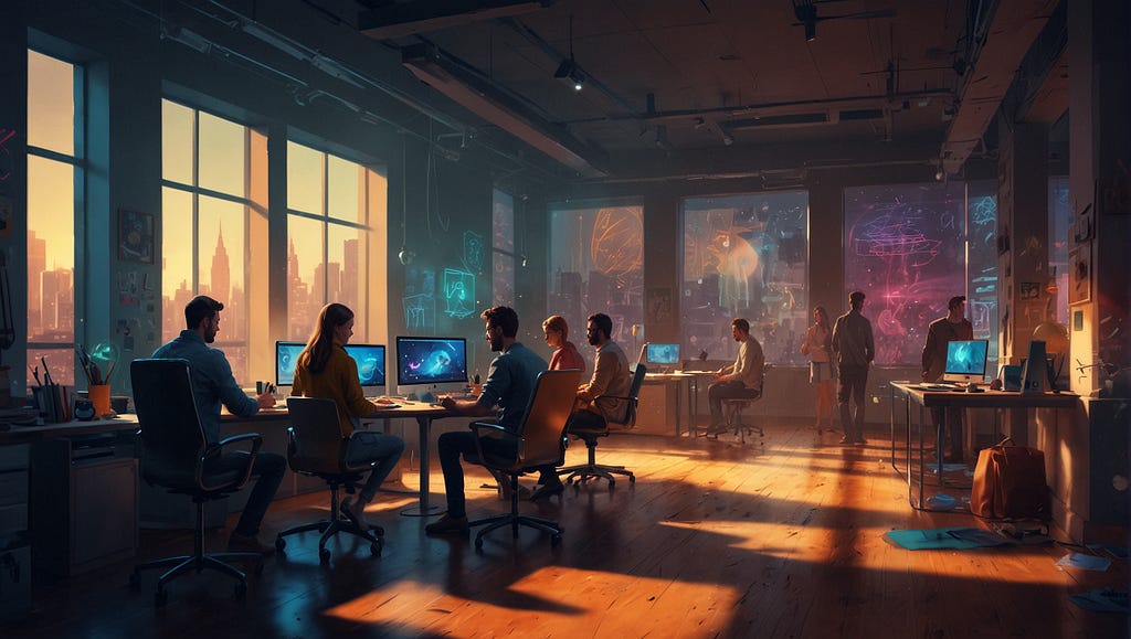 Oficina con muchos diseñadores trabajando en sus computadores, escena futurista. Por las ventanas selogra ver el atardecer. Imagen creada con inteligencia artificial estilo ilustración futurista.