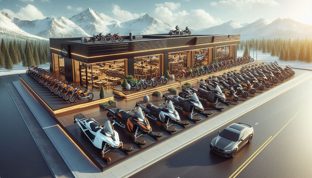 Image of a modern powersports dealership with snowmobiles and motorcycles
