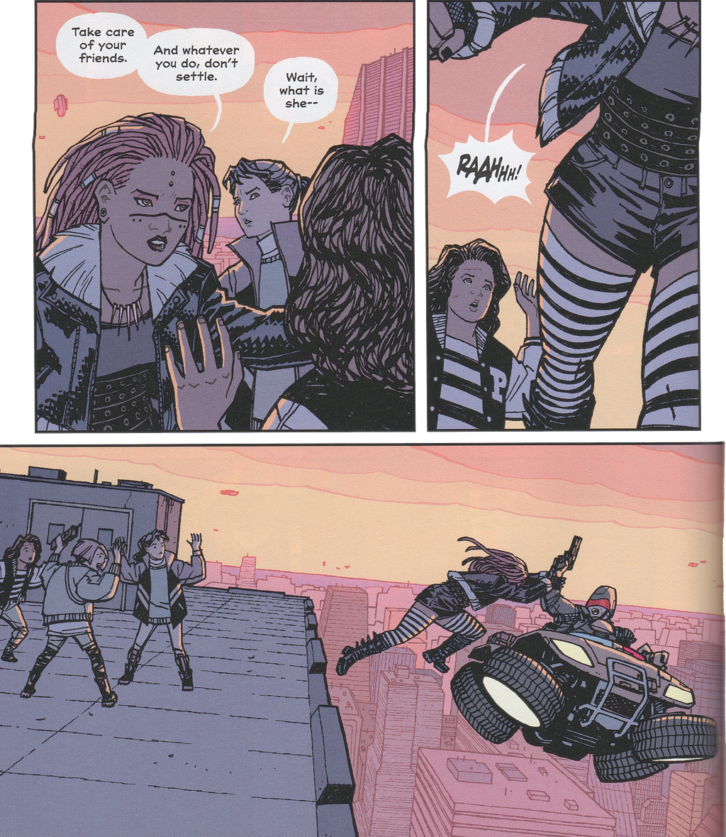 Panel from Paper Girls: Older Tiffany says to younger Tiffany, “Take care of your friends. And whatever you do, don’t settle.” Then older Tiffany jumps off the roof they were standing on to tackle their attacker.