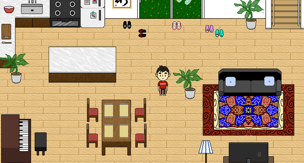 Pixel art of a young Asian-American boy in his house.