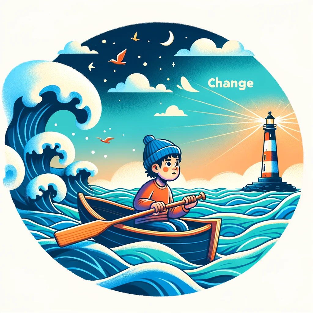 Child bravely navigating the sea of change with determination, signifying the challenges and transitions of growing sleep patterns