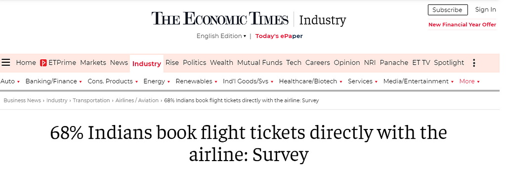 https://economictimes.indiatimes.com/industry/transportation/airlines-/-aviation/68-indians-book-flight-tickets-directly-with-the-airline-survey/articleshow/50350217.cms?from=mdr