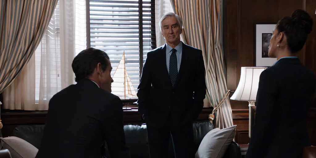 Sam Waterston (center) as District Attorney Jack McCoy in “Law & Order,” alongside Hugh Dancy (left) as Executive ADA Nolan Price and Odelya Halevi (right) as ADA Samantha Maroun in Season 21, Episode 3 (“Filtered Life”).
