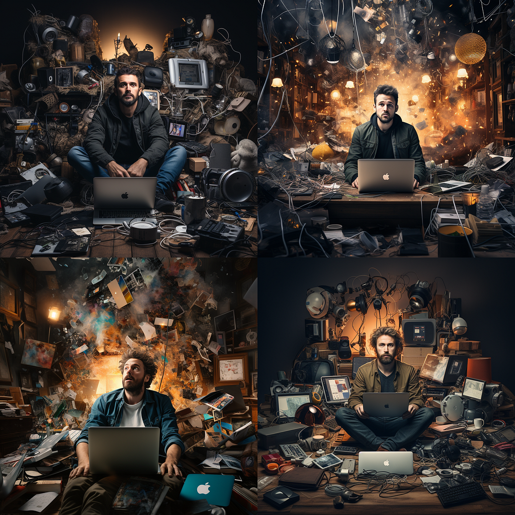 Four AI produced images of white men with beards, brown hair sitting behind a Macbook, with broken electronics and lights surrounding them.