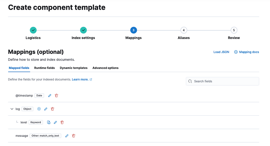 Screen capture of the create component template UI