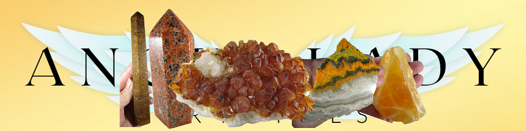 orange crystals, citrine, bumble bee jasper, orchid calcite