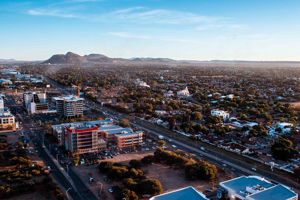 Aerial view of the Central Business District in Gaborone, the capital city of Botswana.