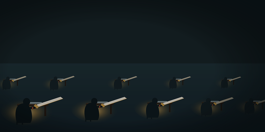 Two rows of nearly identical figures, each hunched in their own pool of light sharpening an identical knife, all facing the same way.