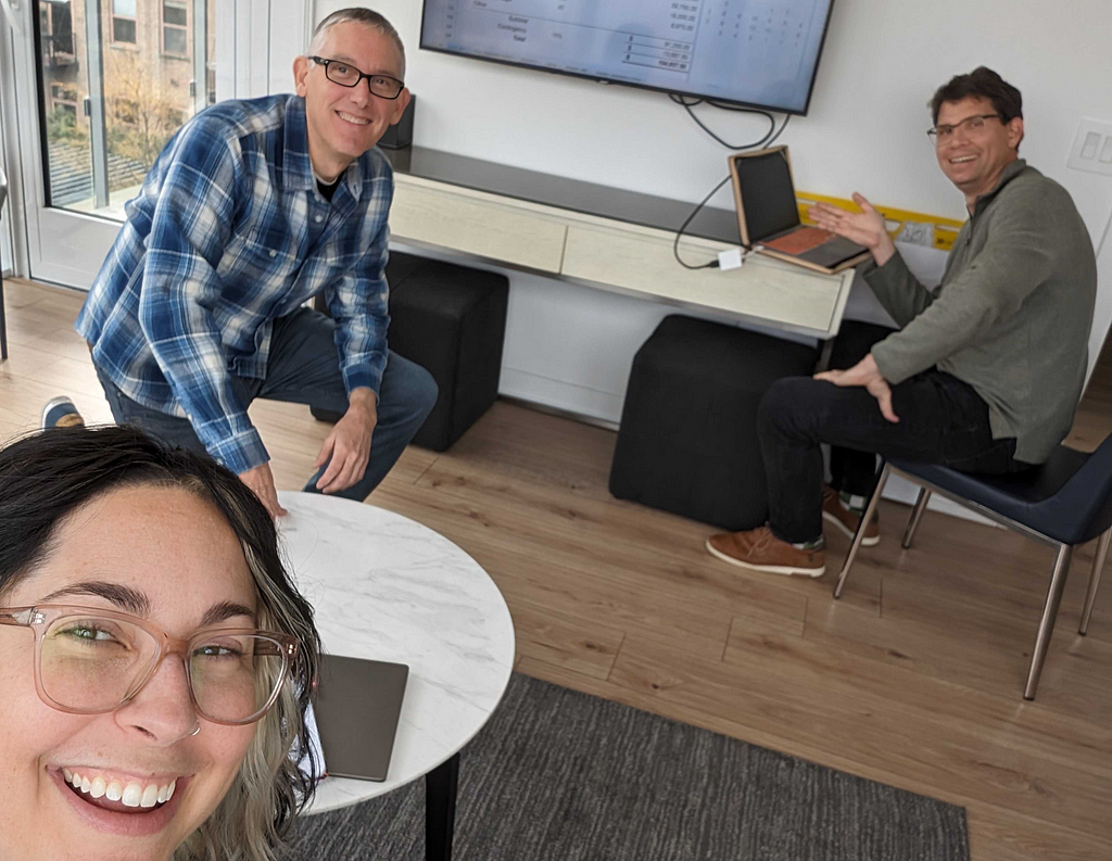 David (top left), Tim (top right), and Val (bottom left) co-working at our Airbnb