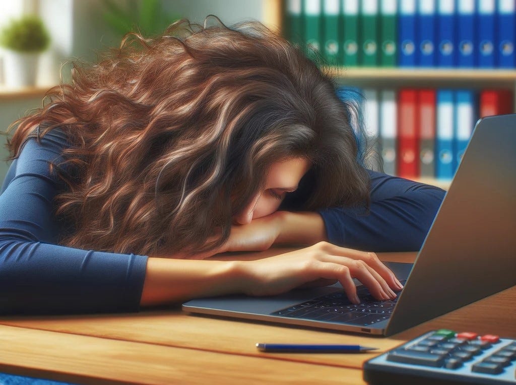 hyper-realistic image of a woman sitting at a desk, her head laying on a laptop keyboard, signifying exhaustion or frustration.