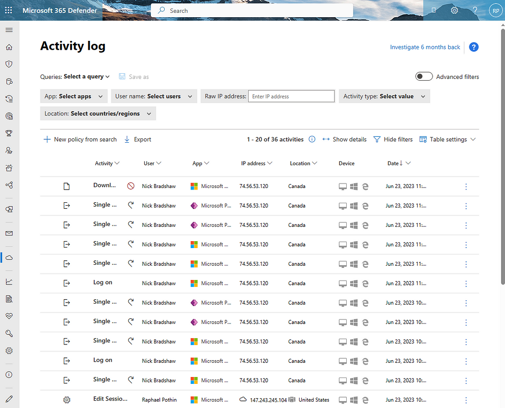 Example of activity logs in Defender for Cloud Apps to help you identify new policies to configure