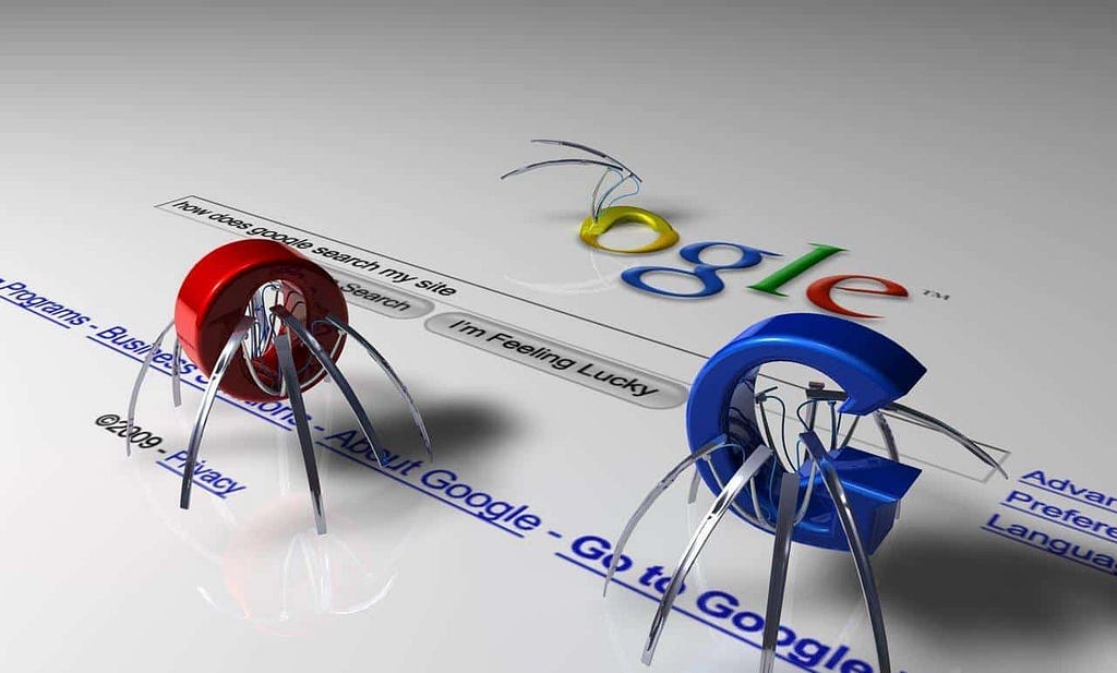 A photograph of a three-dimensional artistic representation of a web crawler or spider, that is, an internet bot used by web search engines to index website content