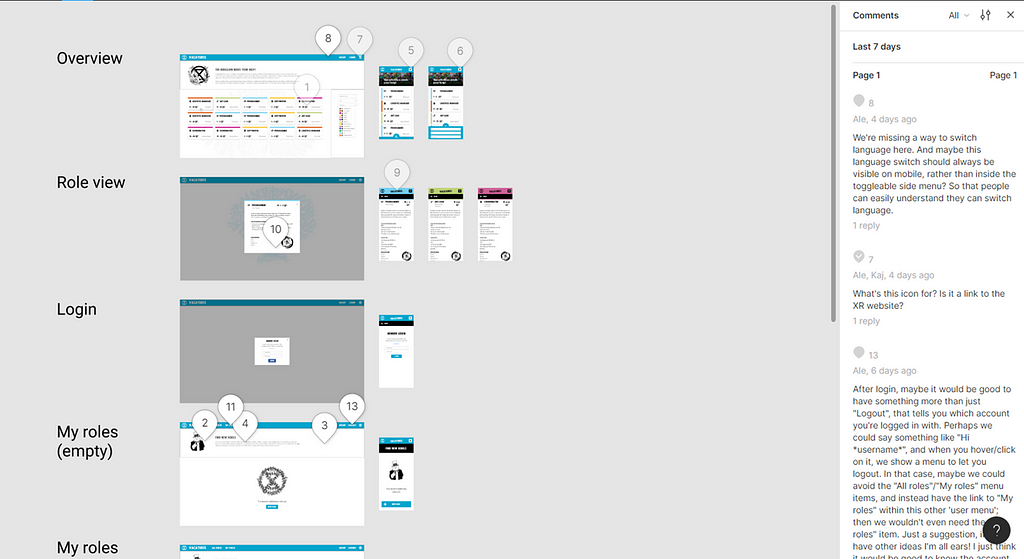 A screenshot of Figma showing the comments on the designs
