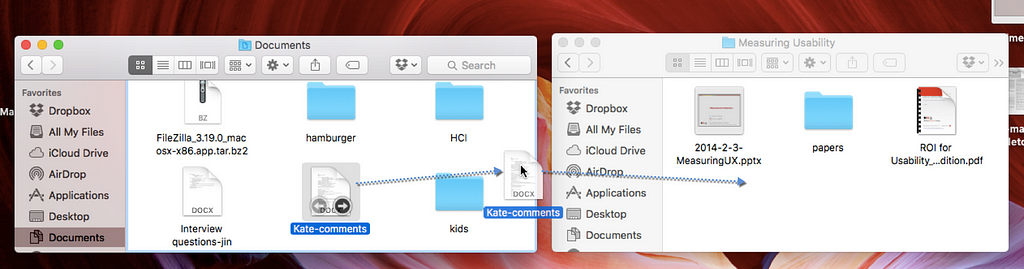 A screenshot of two Finder windows on a macOS system. The left window is open to the ‘Documents’ folder, displaying various files and folders, including ‘Kate-comments,’ which is highlighted and being dragged. The right window is open to the ‘Measuring Usability’ folder, showing files like ‘2014–2–3-MeasuringUX.pptx’ and ‘ROI for Usability…dition.pdf.’ A blue dashed arrow indicates that ‘Kate-comments’ is being moved from ‘Documents’ to ‘Measuring Usability.’