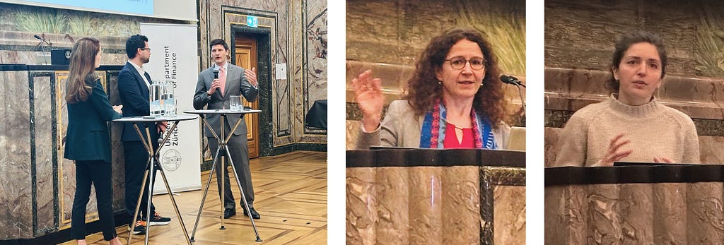 Photos from the ISF Launch event: a panel discussion and two female speakers.