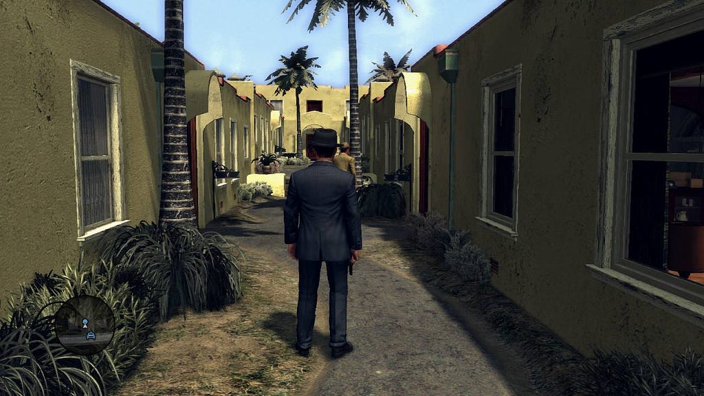 The protagonist stand in a village alley.