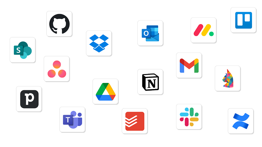 Productivity tool logos including Asana, DropBox, Slack, Notion, etc.