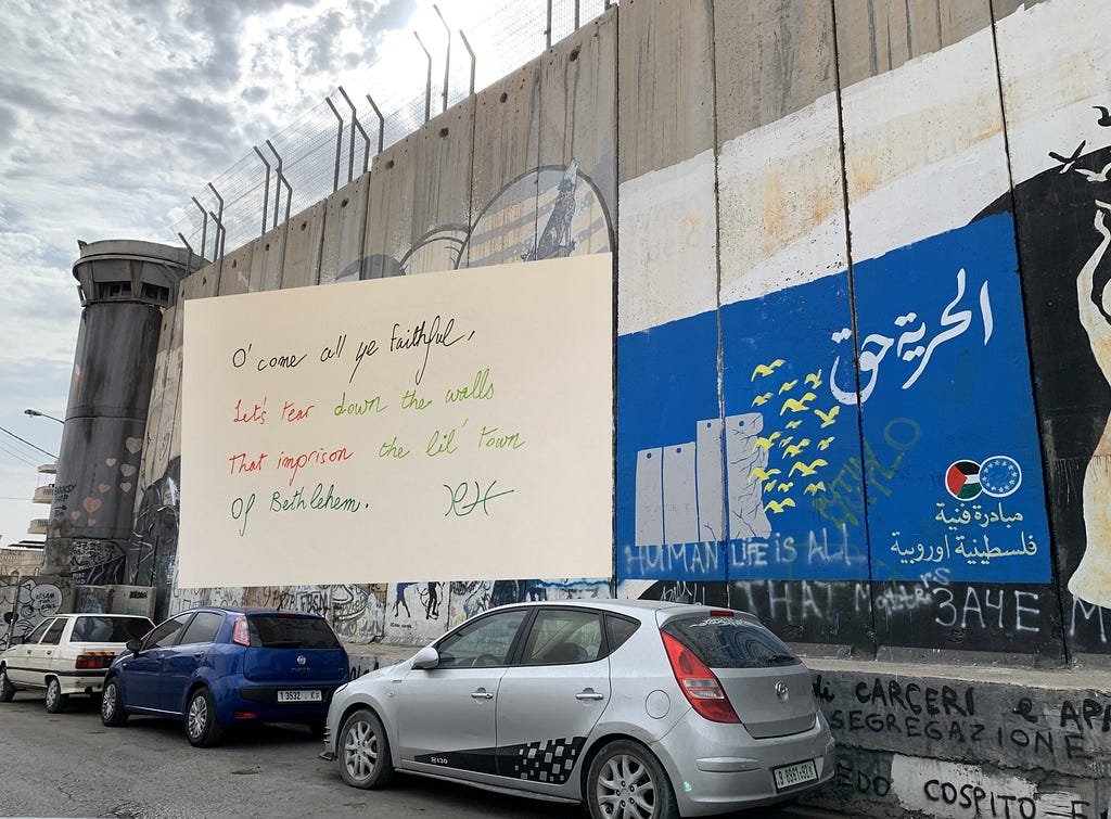 Handwritten by the author and digitally added to a photo of the Wall in Bethlehem. The Arabic words on the Wall read, “Freedom is a right.” (Photo by the author, Oct. 5, 2023).