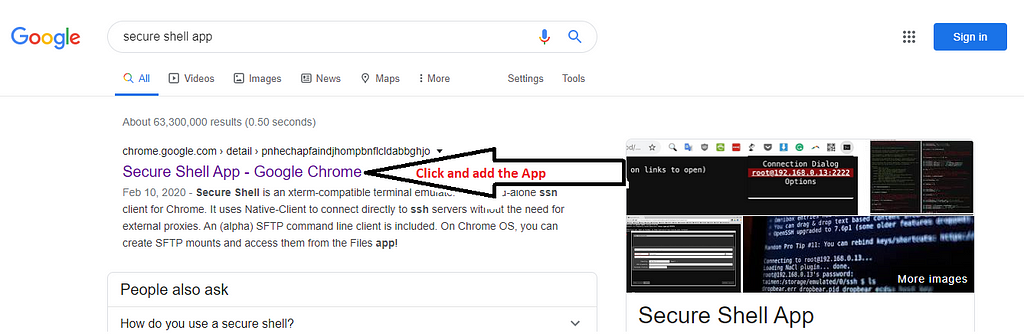 Google search of Secure Shell App