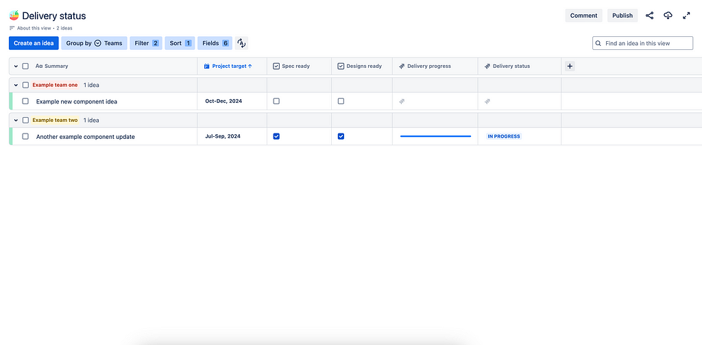 Jira Product Discovery delivery status view showing in progress ideas. Items are organised in a table and have a progress bar tracking the delivery ticket.