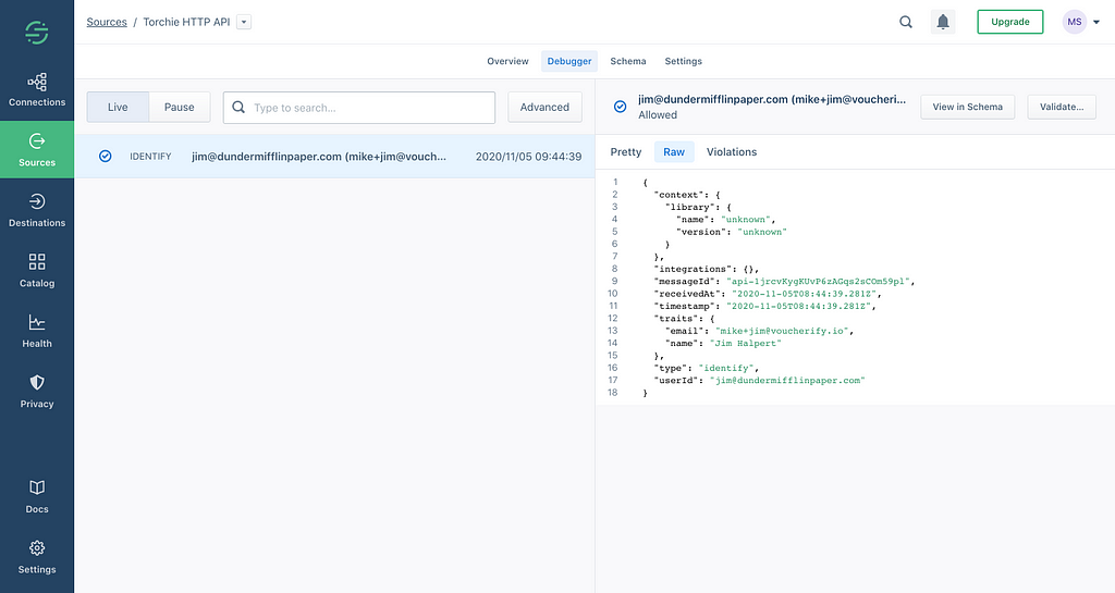 Checking the API connection in Segment