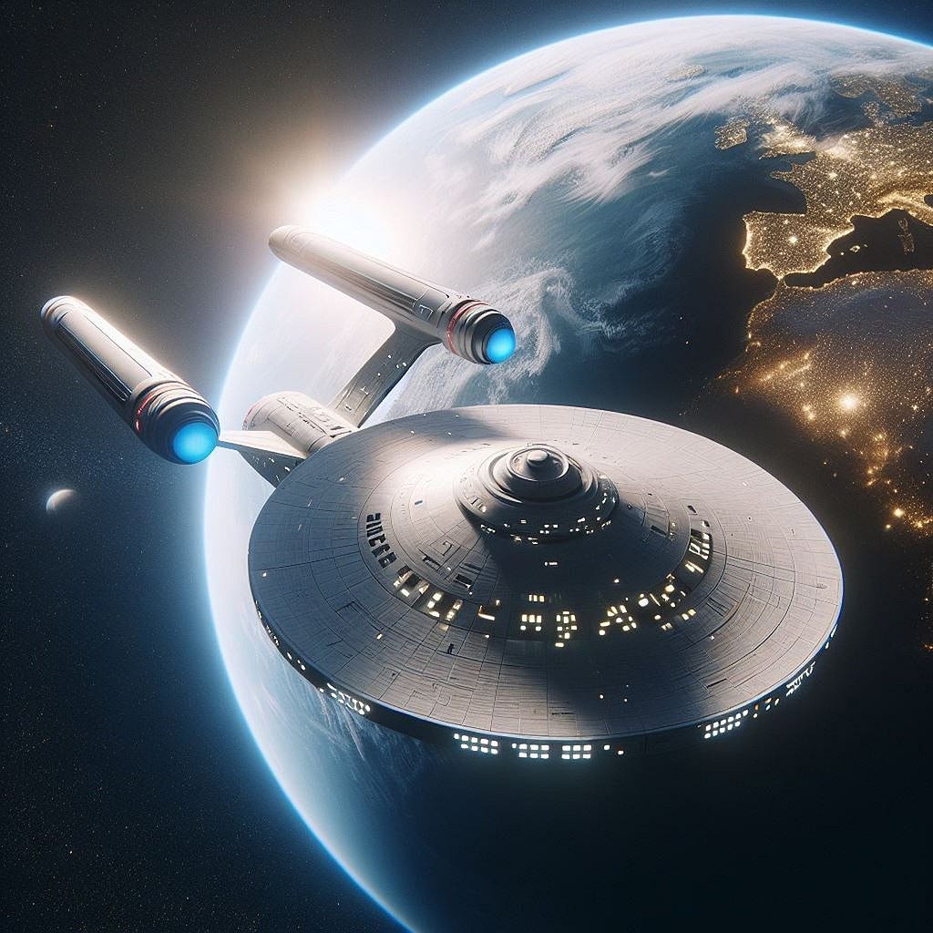 A starship orbiting Earth.