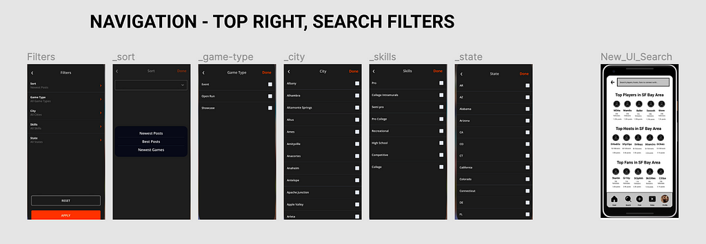 screenshots of top right search filters and a screenshot of the new UI search page