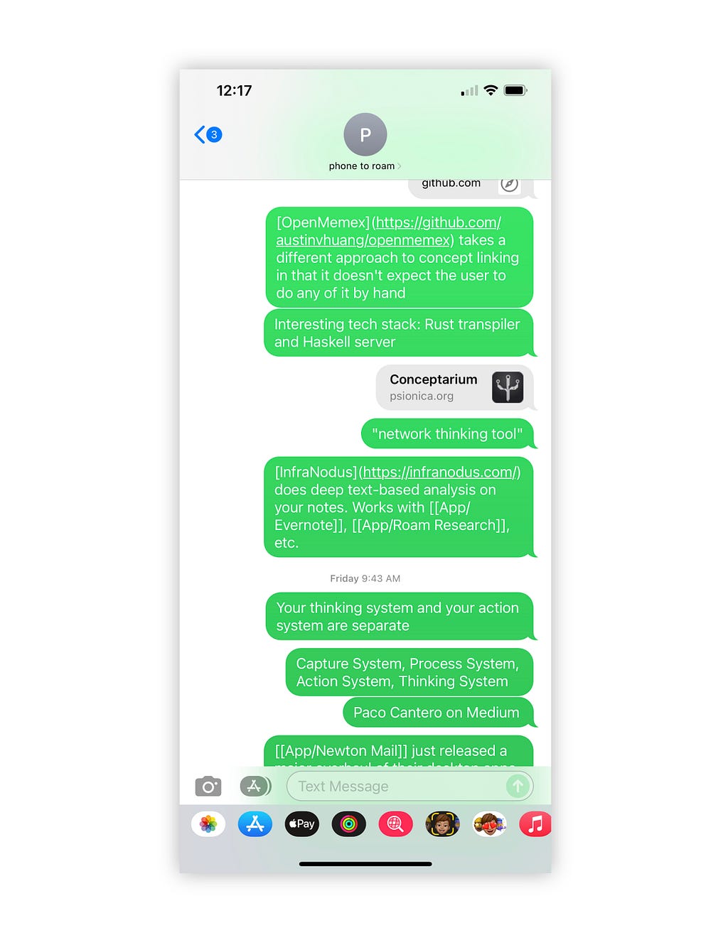 Screenshot of iMessage on iPhone showing conversation thread with phone2roam bot
