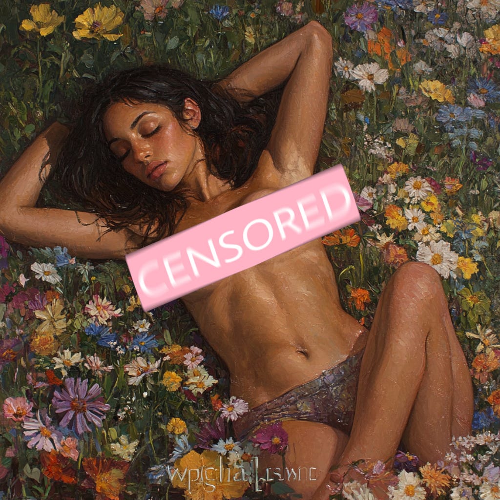 a painting of a naked girl censored in a field of flowers