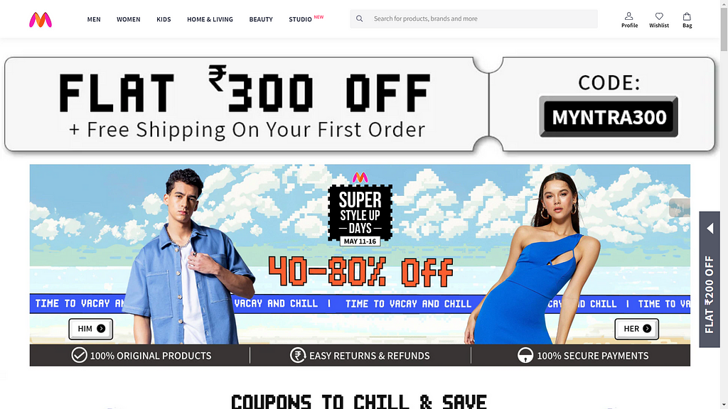 Screenshot of the homepage of Myntra.com, showing the main navigation bar with categories for Men, Women, and Kids; the hero section divided between options- ‘Him’ and ‘Her’