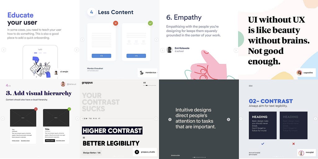 Eight Instagram advices explaning basic design principles in multiple slides in a carousel.