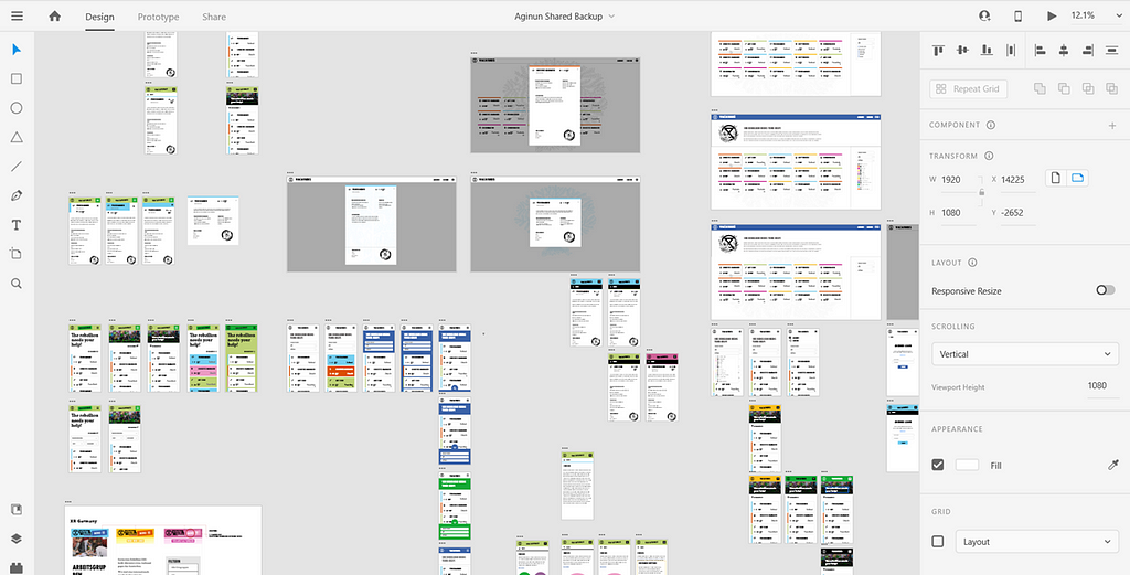 A screenshot of Adobe XD showing the prototyping phase