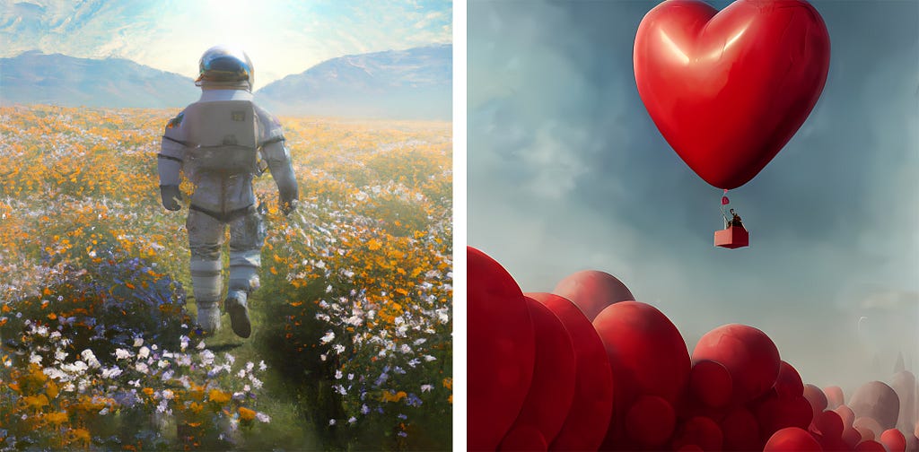 Images of and astronaut in a field of wildflowers and a red, heart-shaped hot air balloon