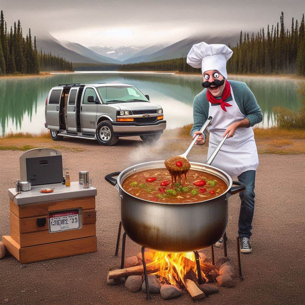 a minivan camper, at a campsite with a man making a big lunch