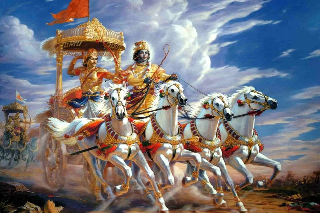 Arjuna in his battle chariot with Krishna