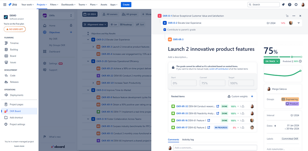 Link Jira issues to key results with Oboard OKR Software