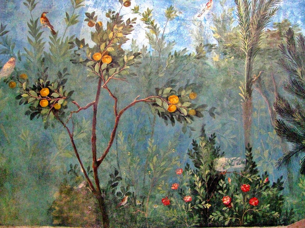 A section of an ancient Roman fresco from Livia’s Villa at Prima Porta. A garden scene with birds, a quince tree, red flowers, a palm tree and bushes