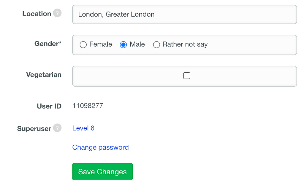 A list of labelled input boxes showing location, gender and vegetarian. Change Password is displayed as a text link.