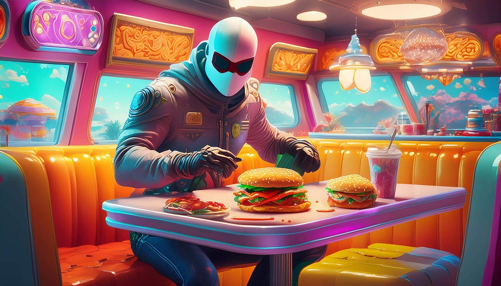 A futuristic diner scene with vibrant, neon colors reminiscent of a McDonald’s color scheme. A person in a space suit with a white helmet and red visor is seated at a booth. The table is filled with large, colorful burgers, and the diner interior is decorated with bright orange and pink accents, giving a retro-futuristic vibe.