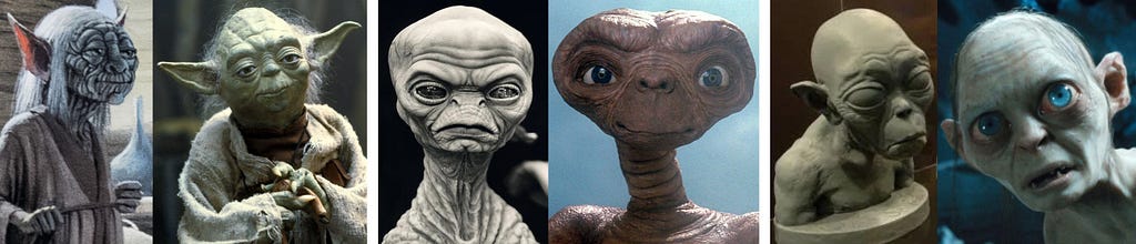 Side-by-side “before and after” images of Yoda, E.T., and Gollum. In each case, the initial design of each character is somewhat creepy, whereas the revised design is more endearing.