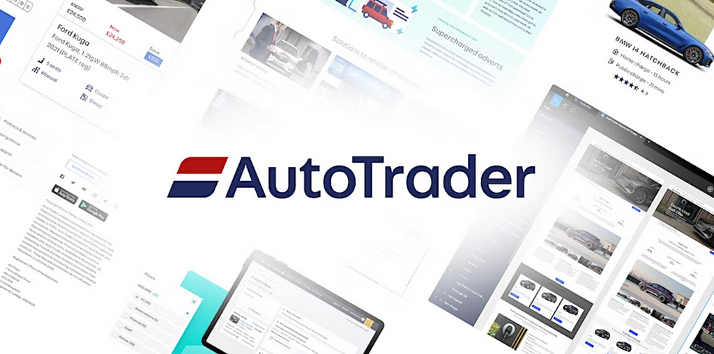 Auto Trader design talks promotional image. Includes logo and snippets of design visuals from Auto Trader’s products and services.