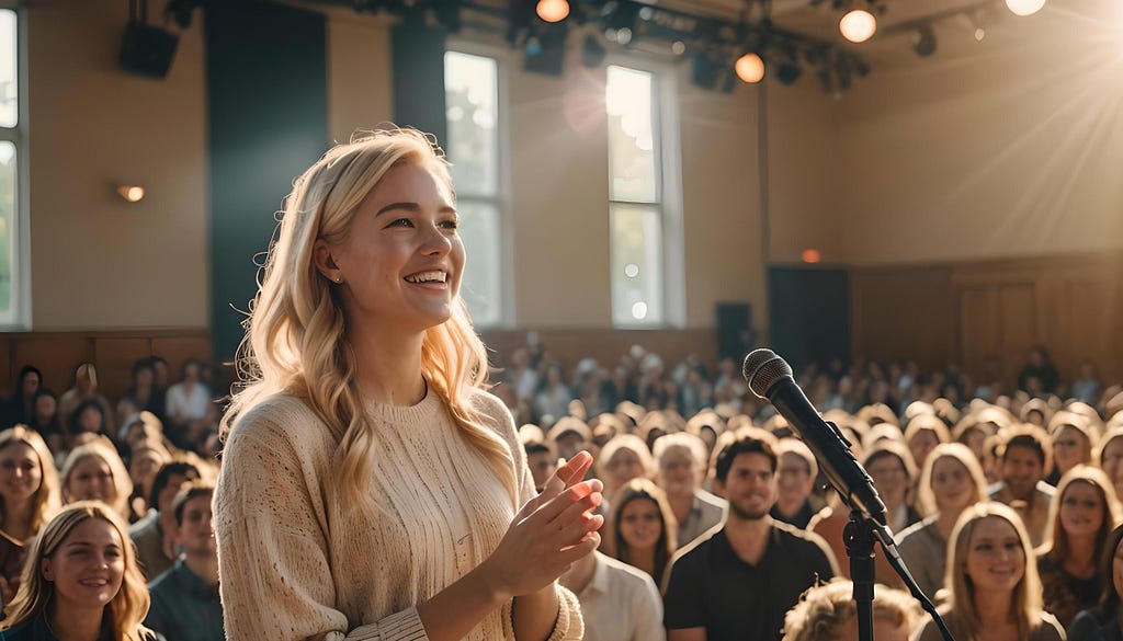 Grow your substack audience and boost Substack Subscriber Count. Young woman speaking to an audience.