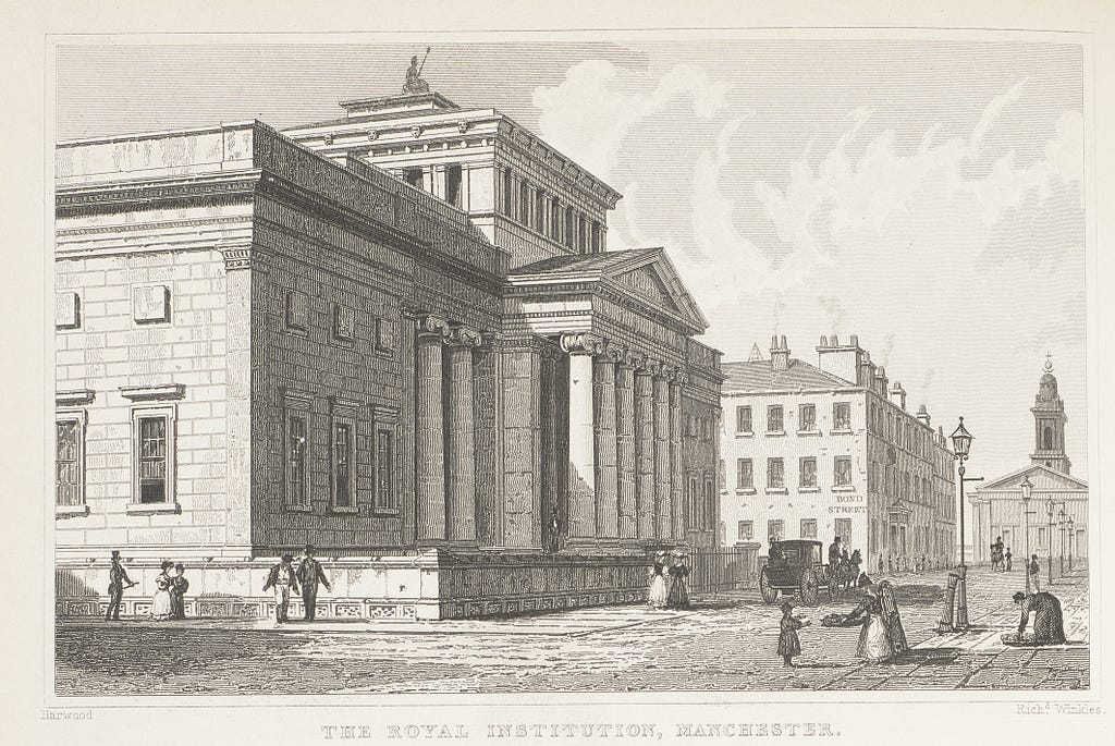 Black-and-white printed illustration of the front elevation of the Royal Institution, Manchester.