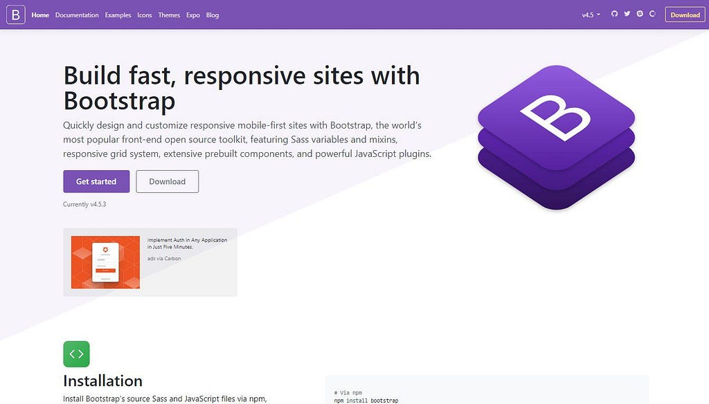 An image of the homepage of Bootstrap’s official website