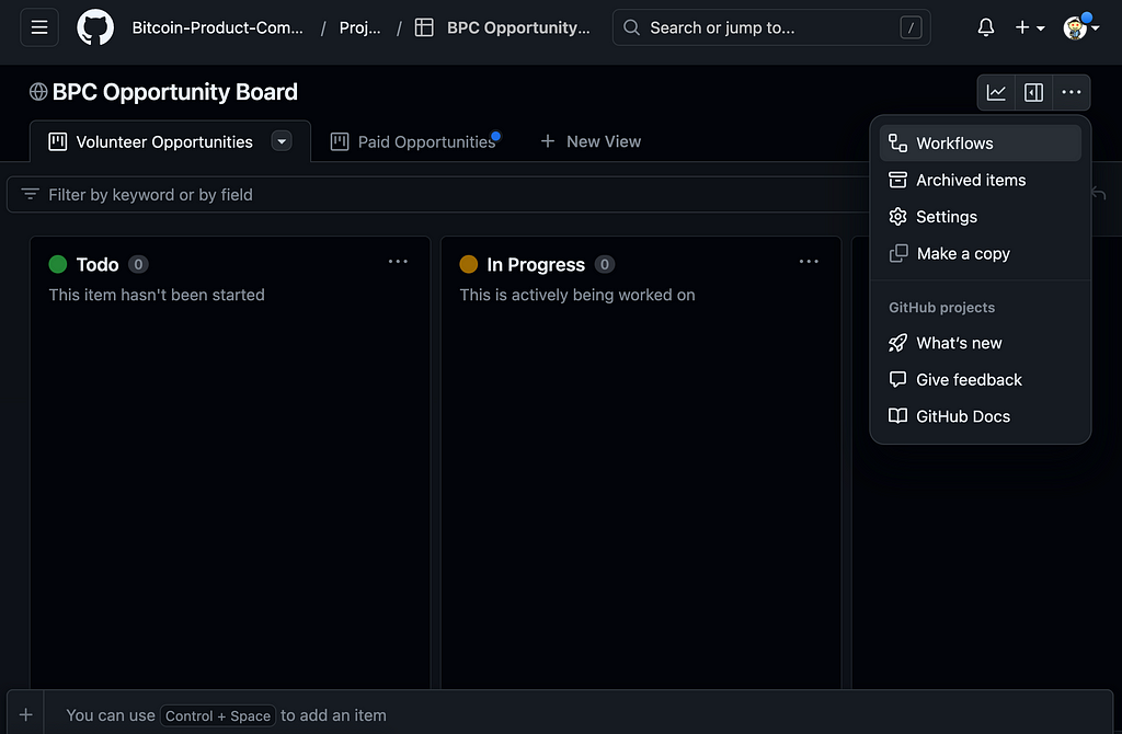 Picture of menu in the github project with workflows highlighted as an option to select