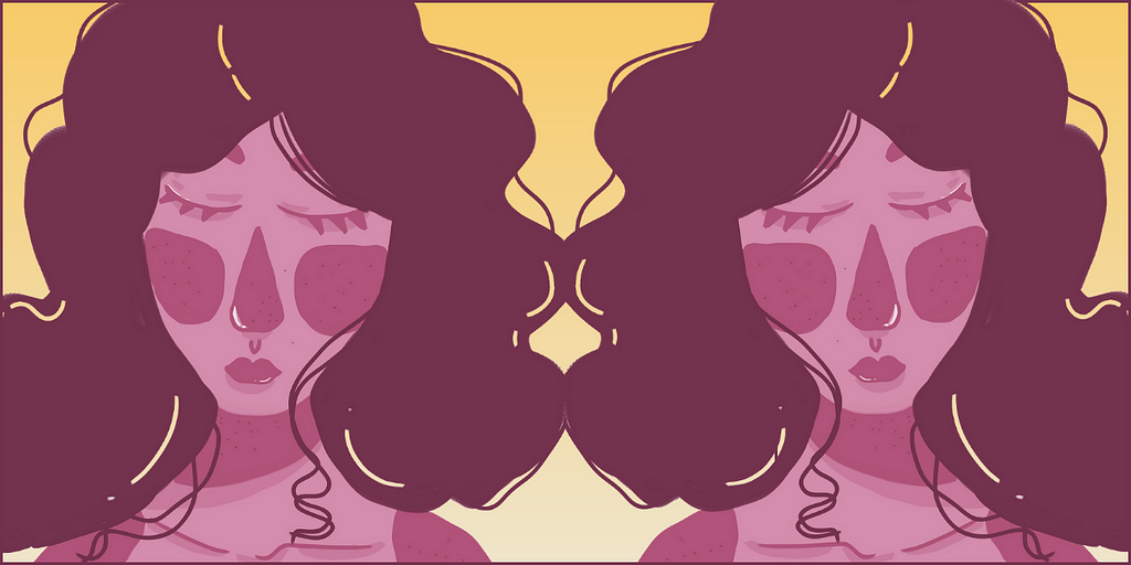 A drawing of a woman’s head and shoulders replicated twice, so it looks like a mirror image. The drawing is done in pink, against a yellow gradient background.